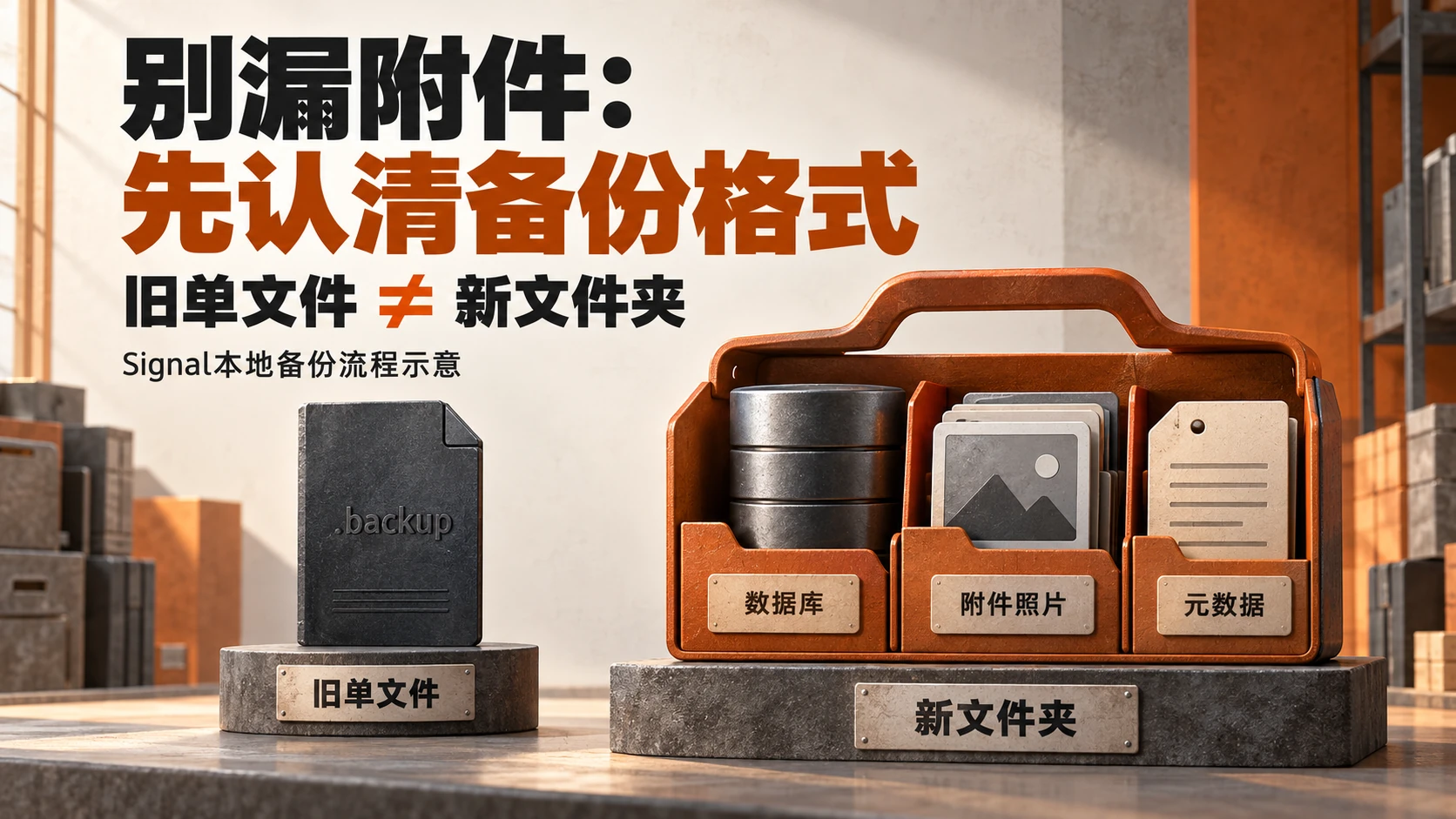 Signal旧单文件备份与新版整文件夹分别识别的原创示意
