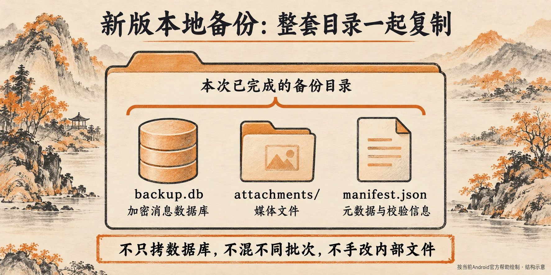 新版Signal本地备份目录的backup.db附件目录manifest.json三部分关系图